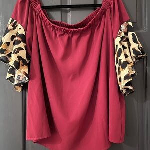 SHEIN curve red and leopard print off shoulder blouse 4xl